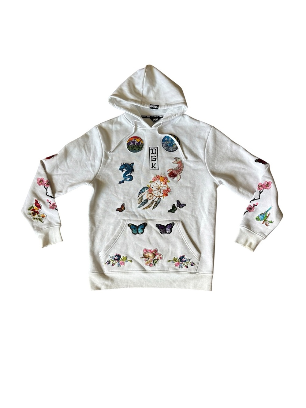 DGK Embroidered Graphic Hoodie White Medium Dragon Koi Cherry Blossom Butterfly